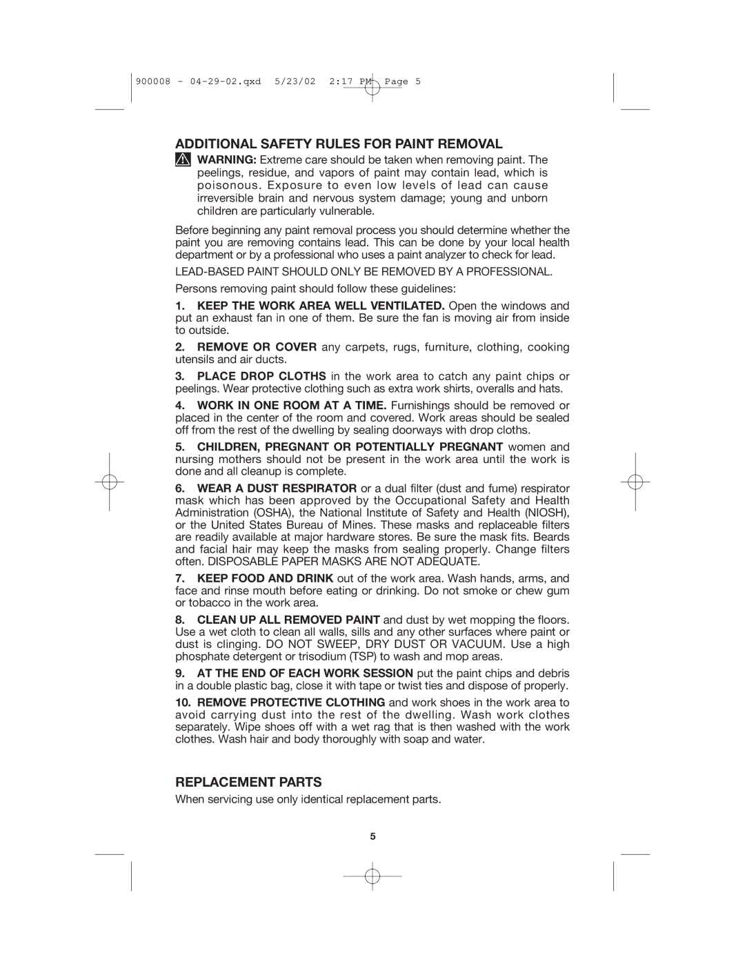 Porter-Cable 340 instruction manual Additional Safety Rules for Paint Removal, Replacement Parts 