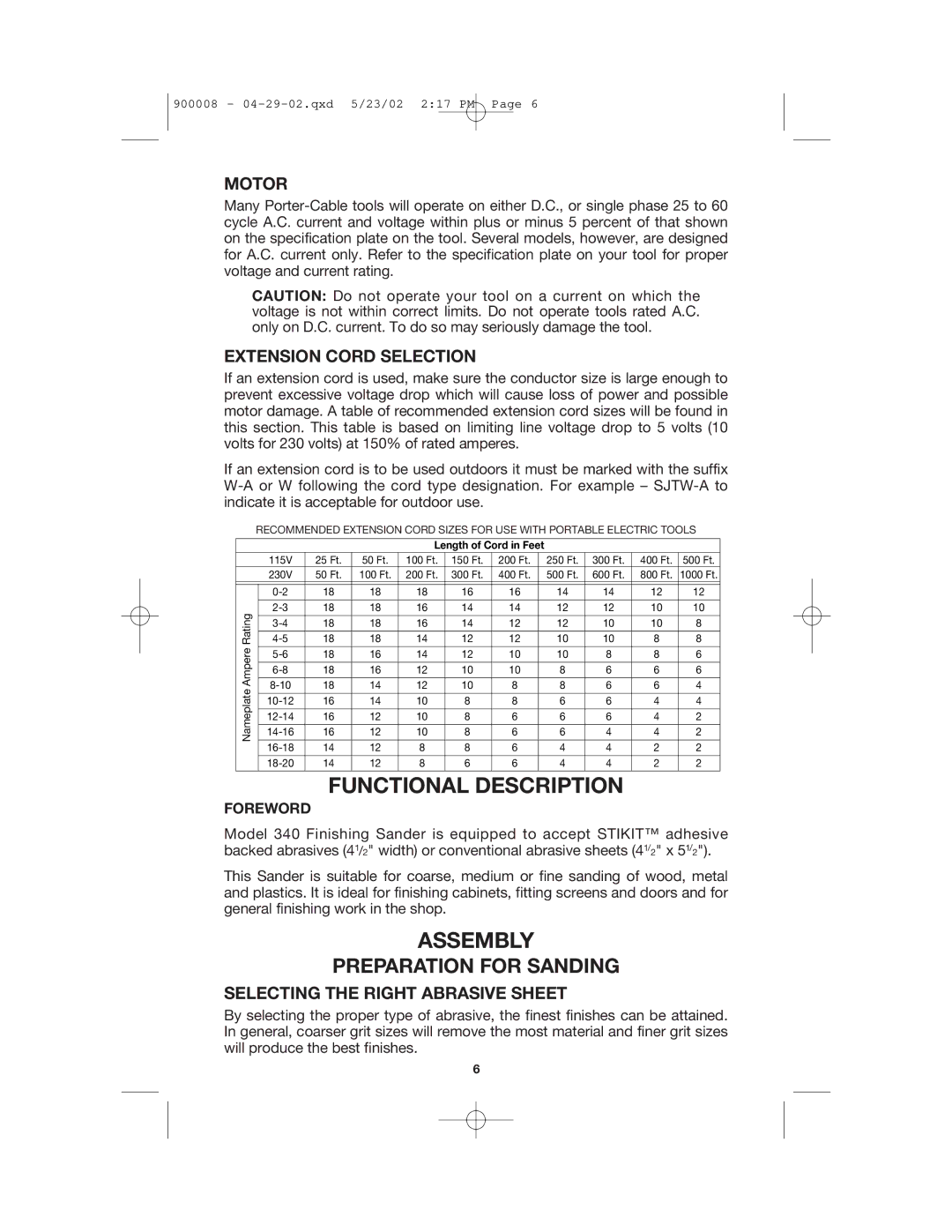 Porter-Cable 340 Functional Description, Assembly, Motor, Extension Cord Selection, Selecting the Right Abrasive Sheet 