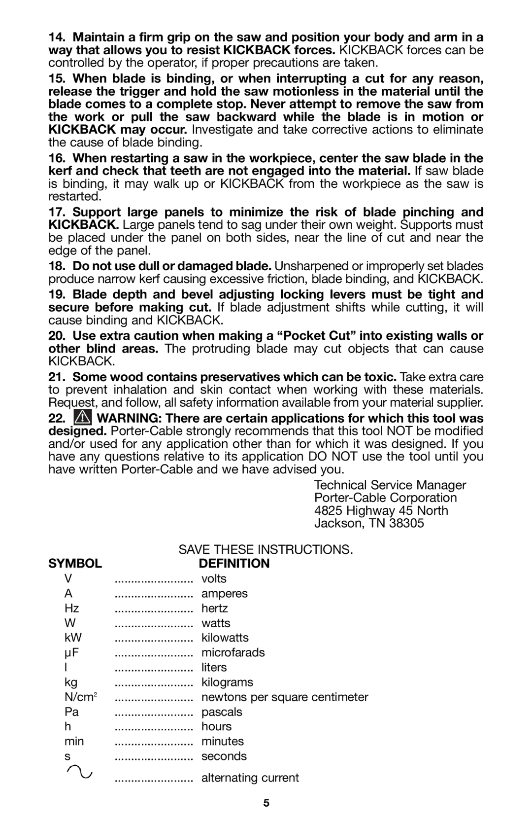 Porter-Cable 345 instruction manual Symbol Definition 