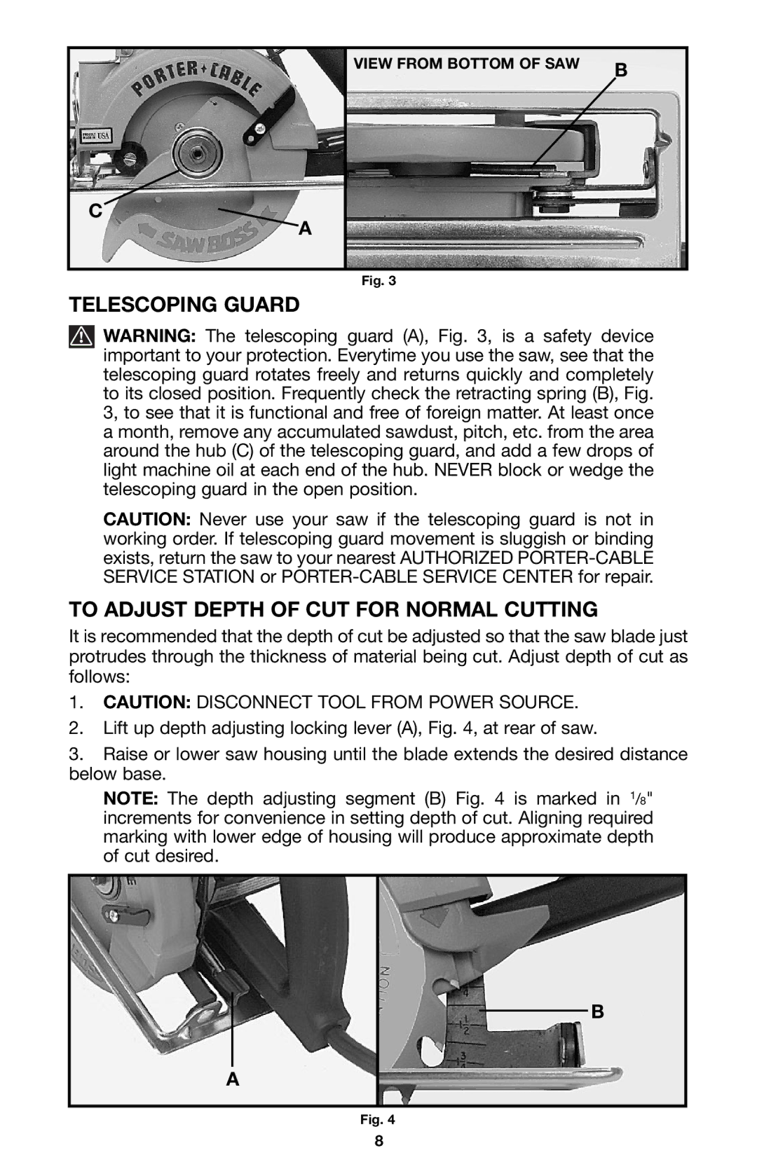 Porter-Cable 345 instruction manual Telescoping Guard To Adjust Depth of CUT for Normal Cutting 