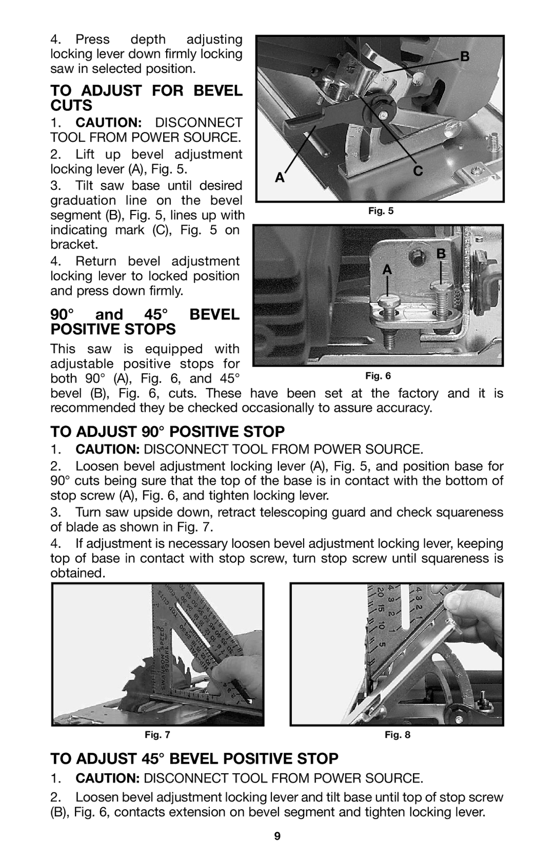 Porter-Cable 345 instruction manual To Adjust for Bevel Cuts, To Adjust 90 Positive Stop, To Adjust 45 Bevel Positive Stop 