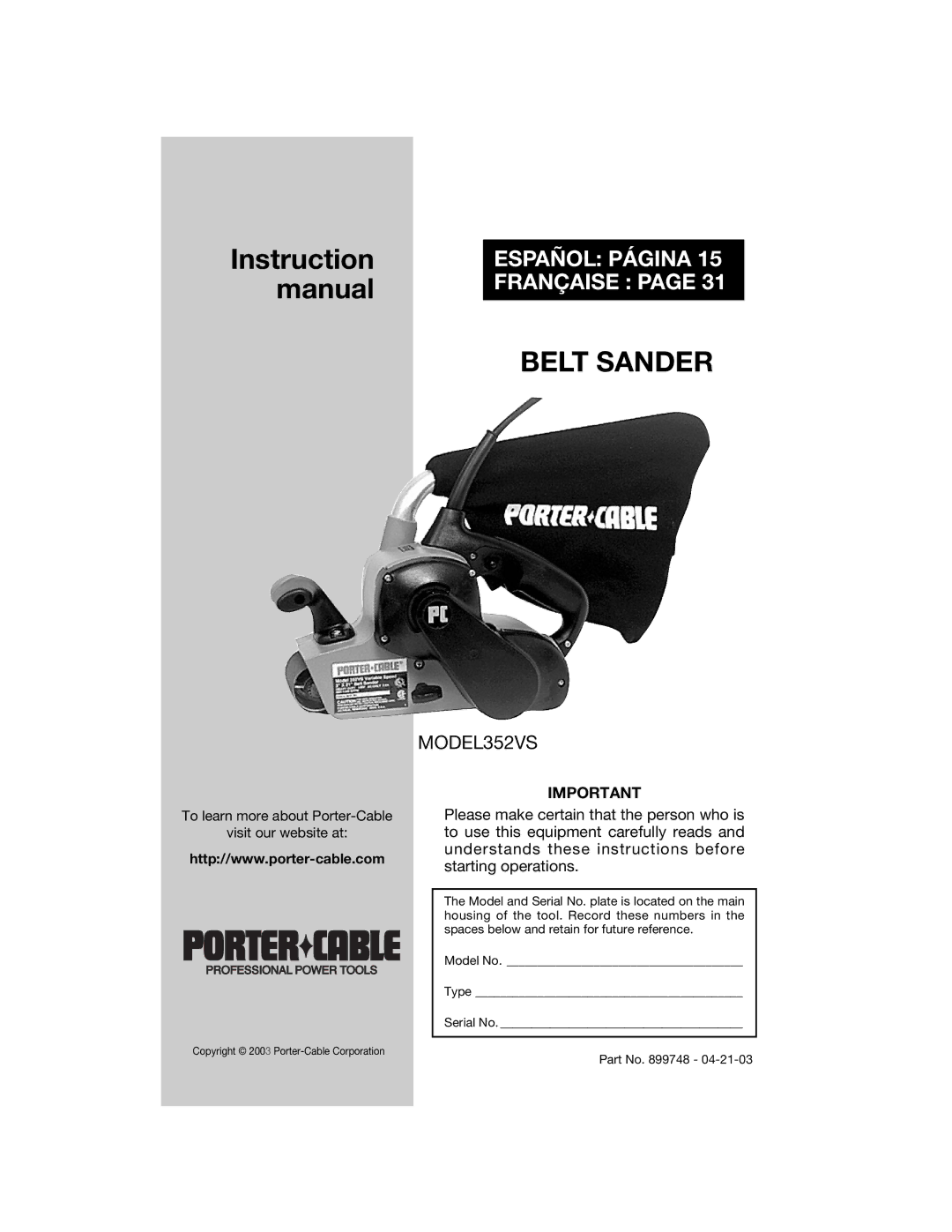 Porter-Cable 352VS instruction manual Belt Sander 