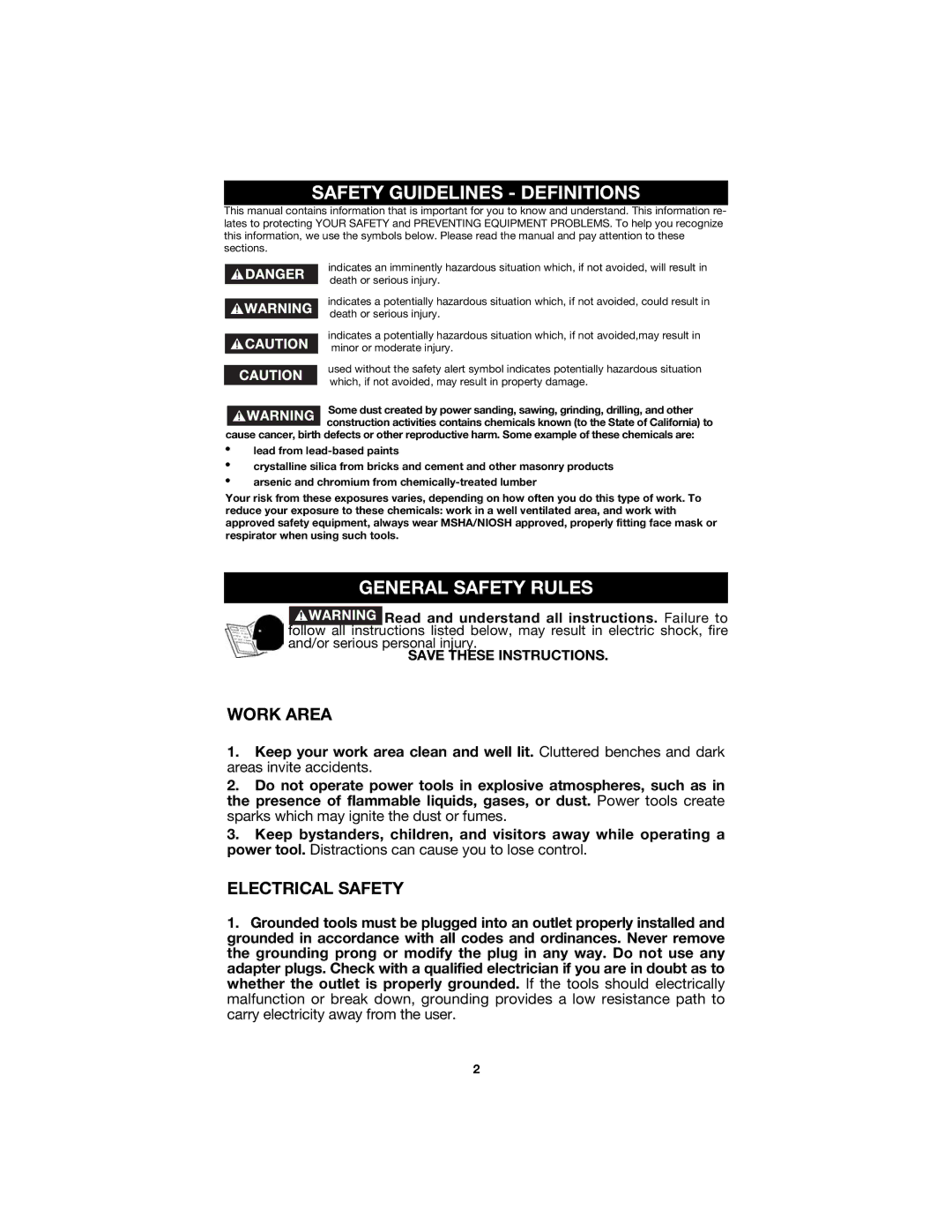 Porter-Cable 352VS instruction manual Work Area, Electrical Safety 