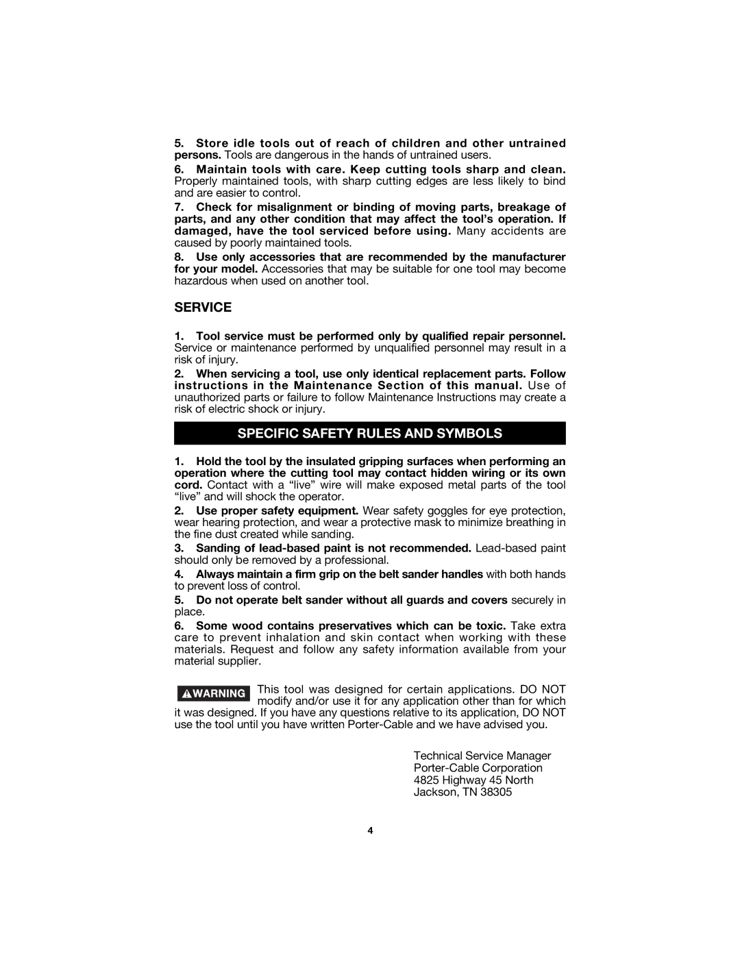 Porter-Cable 352VS instruction manual Service, Specific Safety Rules and Symbols 