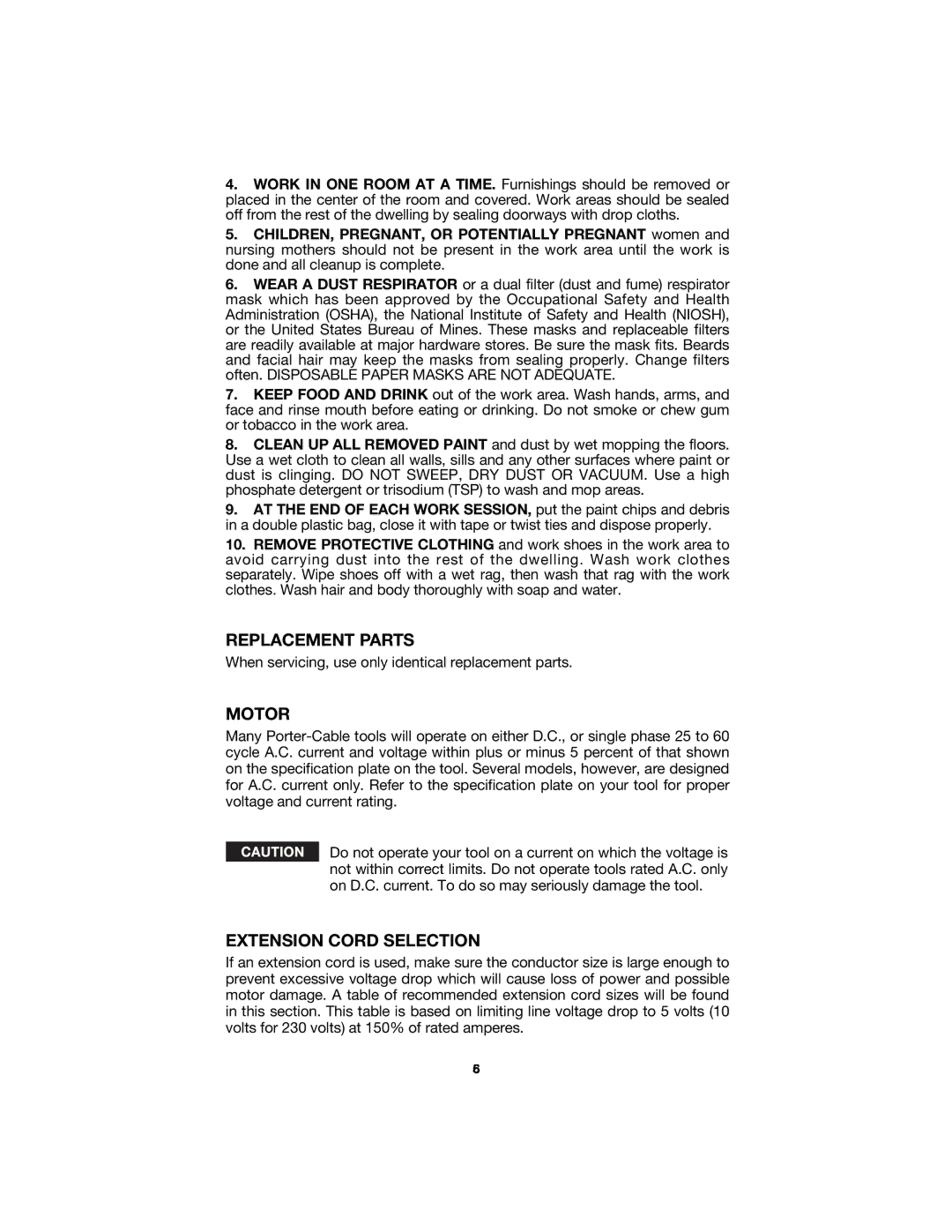 Porter-Cable 352VS instruction manual Replacement Parts, Motor, Extension Cord Selection 