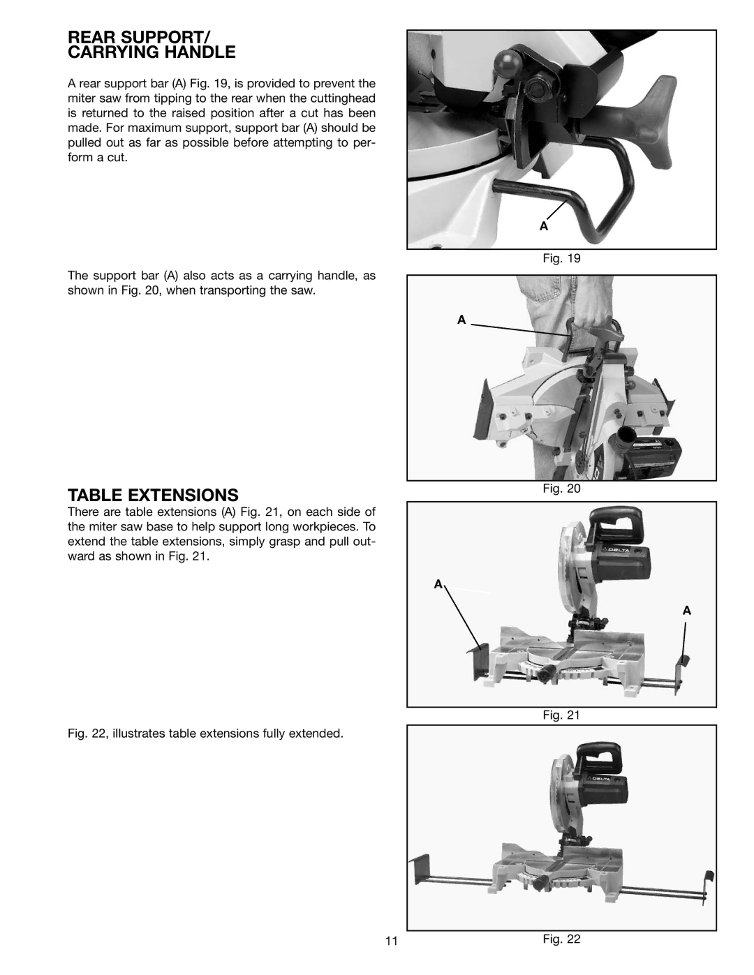 Porter-Cable 36-225 instruction manual Rear Support Carrying Handle, Table Extensions 