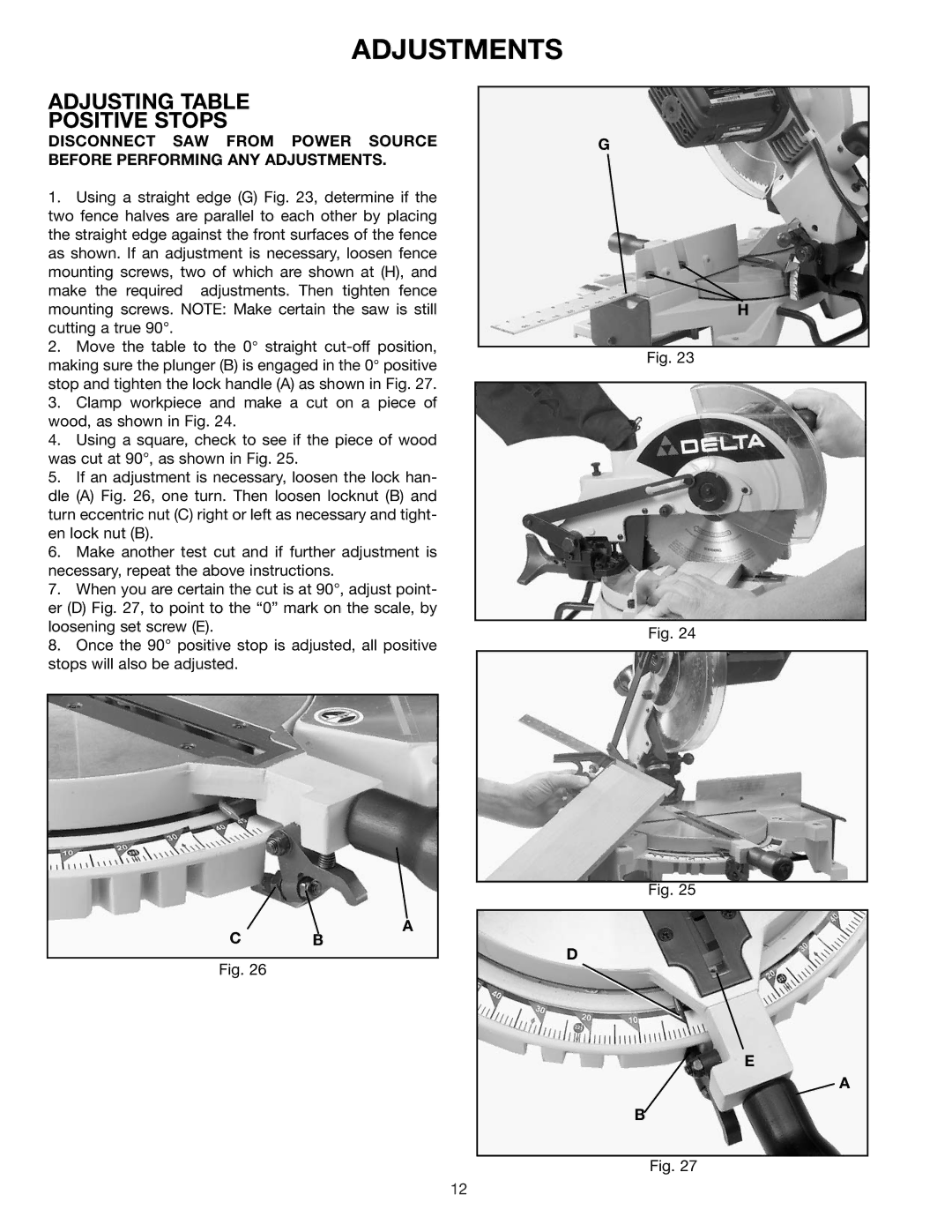 Porter-Cable 36-225 instruction manual Adjustments, Adjusting Table Positive Stops 