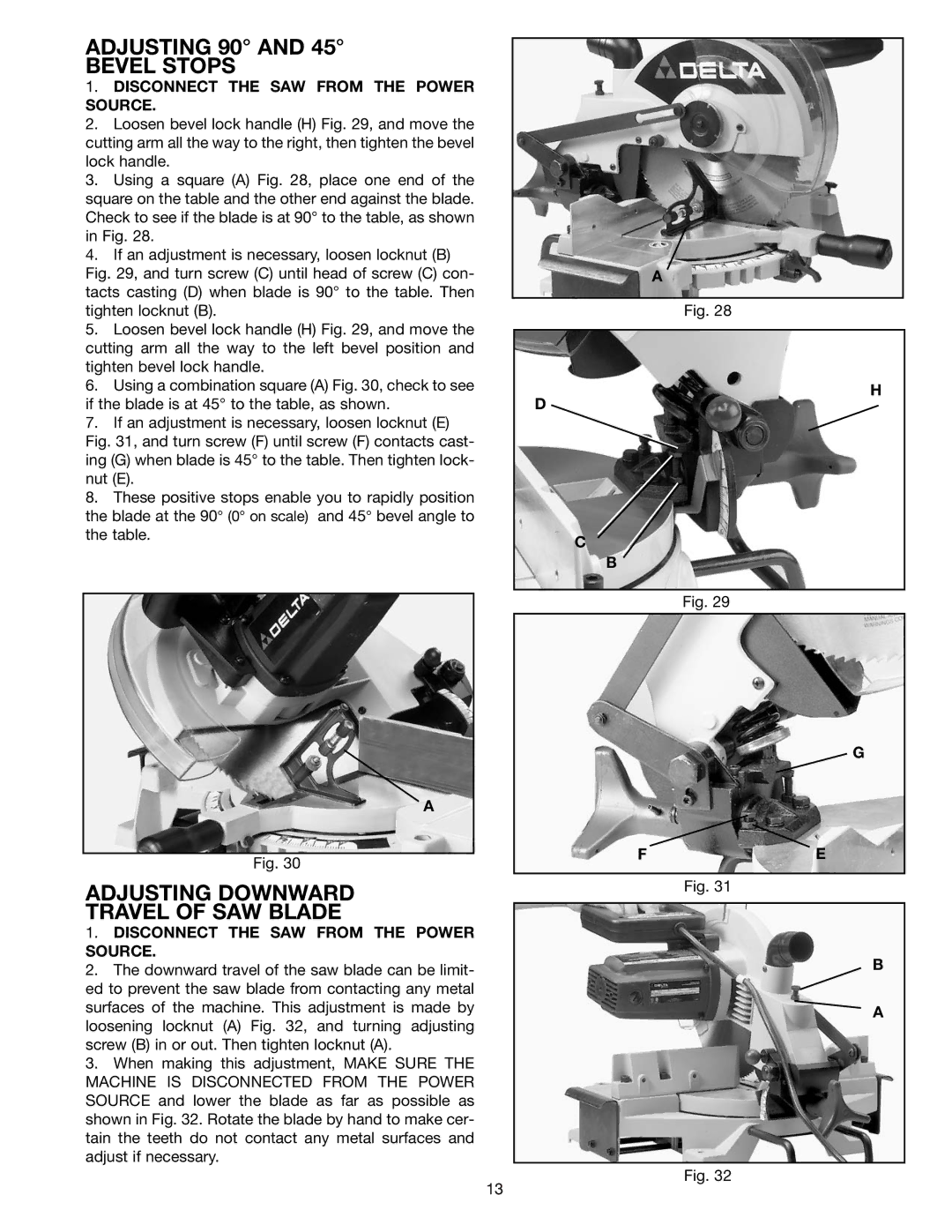 Porter-Cable 36-225 instruction manual Adjusting 90 Bevel Stops, Adjusting Downward Travel of SAW Blade 