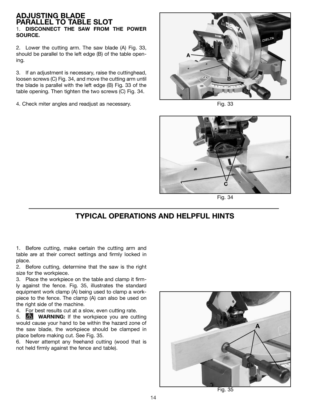 Porter-Cable 36-225 instruction manual Adjusting Blade Parallel to Table Slot, Typical Operations and Helpful Hints 