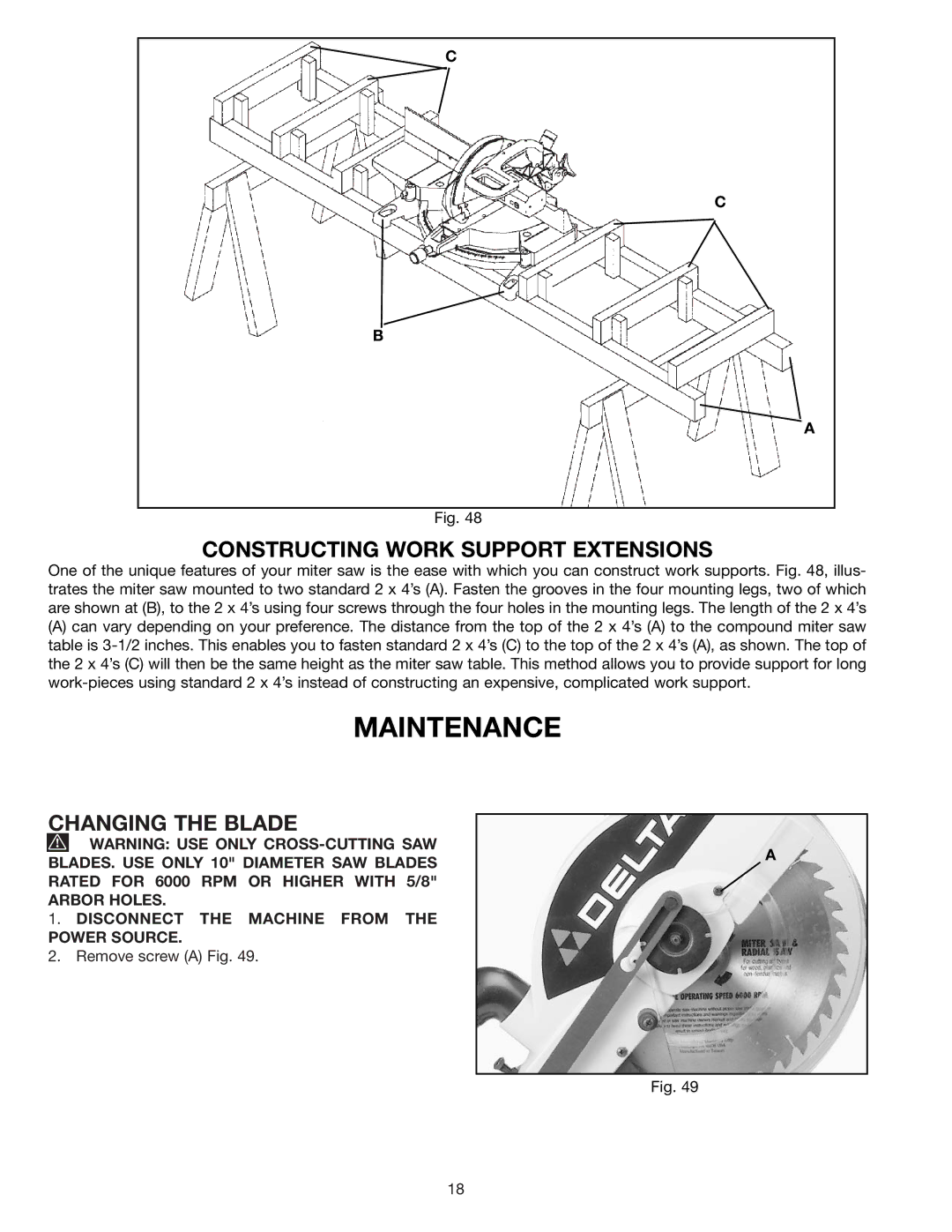 Porter-Cable 36-225 instruction manual Maintenance, Constructing Work Support Extensions 