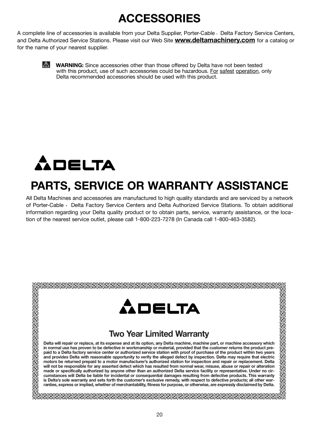 Porter-Cable 36-225 instruction manual Accessories PARTS, Service or Warranty Assistance 