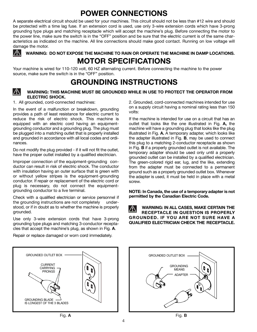 Porter-Cable 36-225 instruction manual Power Connections, Motor Specifications, Grounding Instructions 
