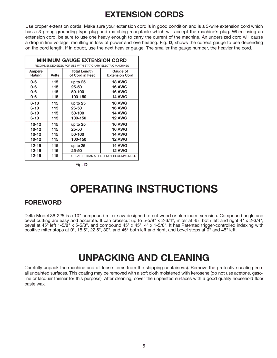 Porter-Cable 36-225 instruction manual Unpacking and Cleaning, Extension Cords 