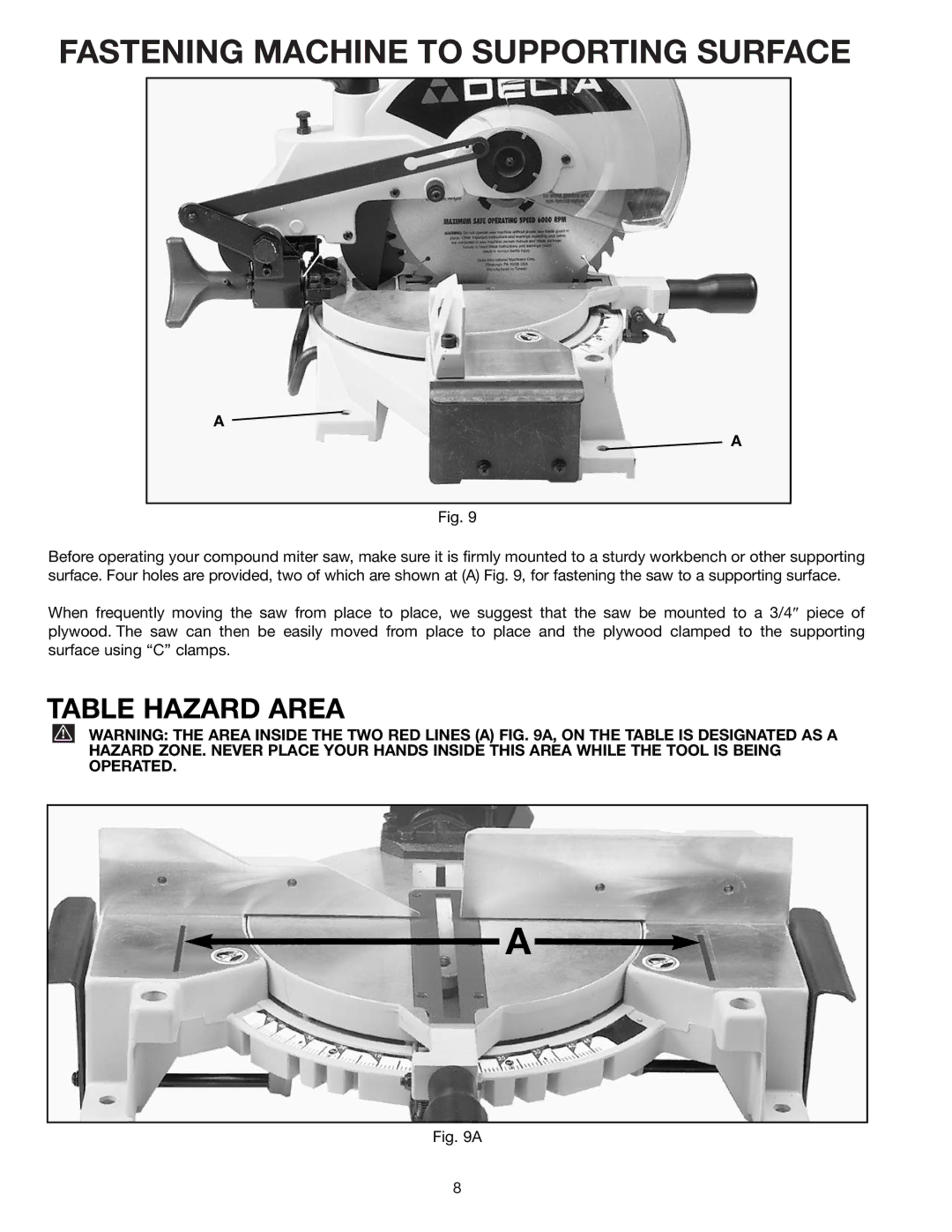 Porter-Cable 36-225 instruction manual Fastening Machine to Supporting Surface, Table Hazard Area 