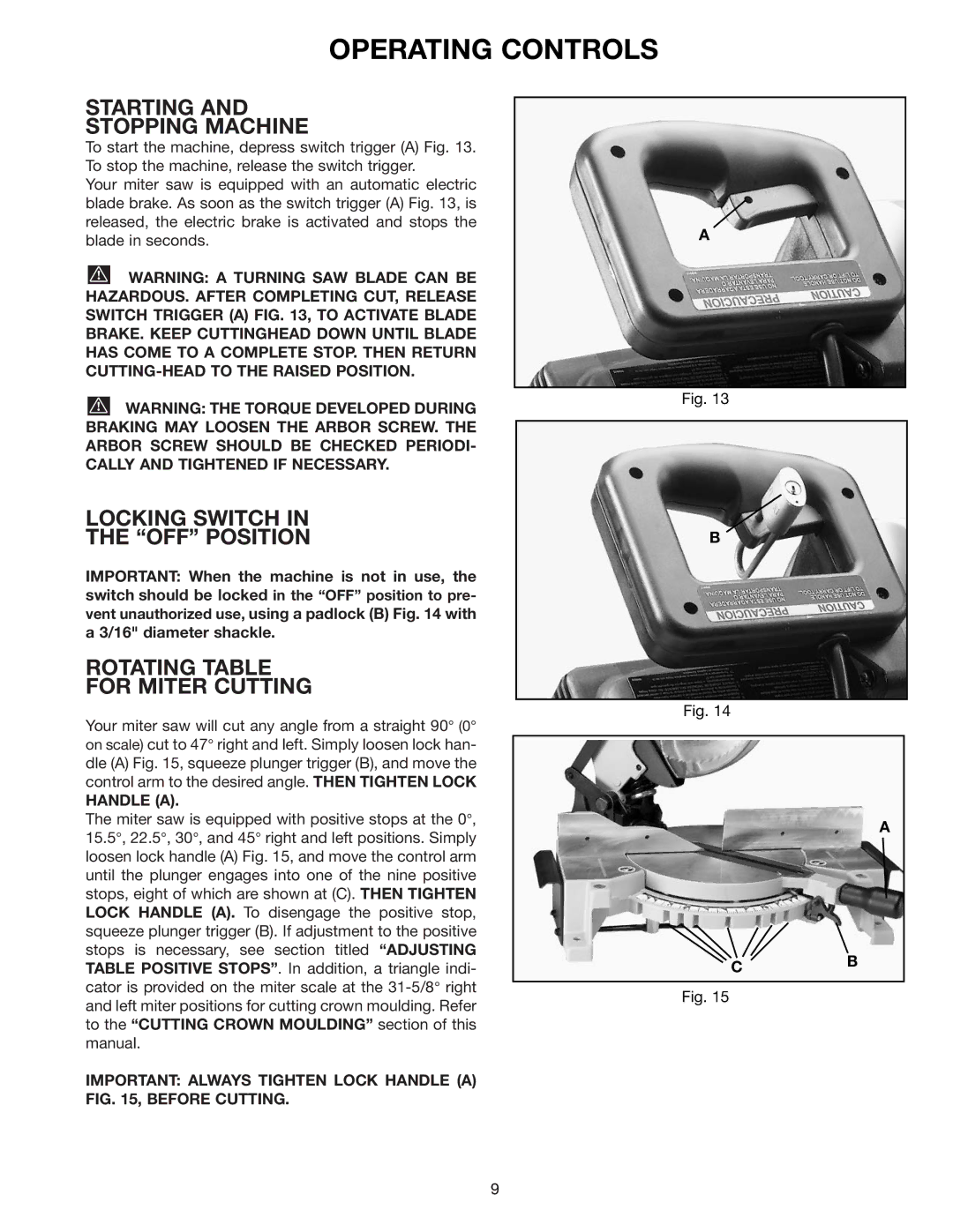 Porter-Cable 36-225 instruction manual Operating Controls, Starting Stopping Machine 