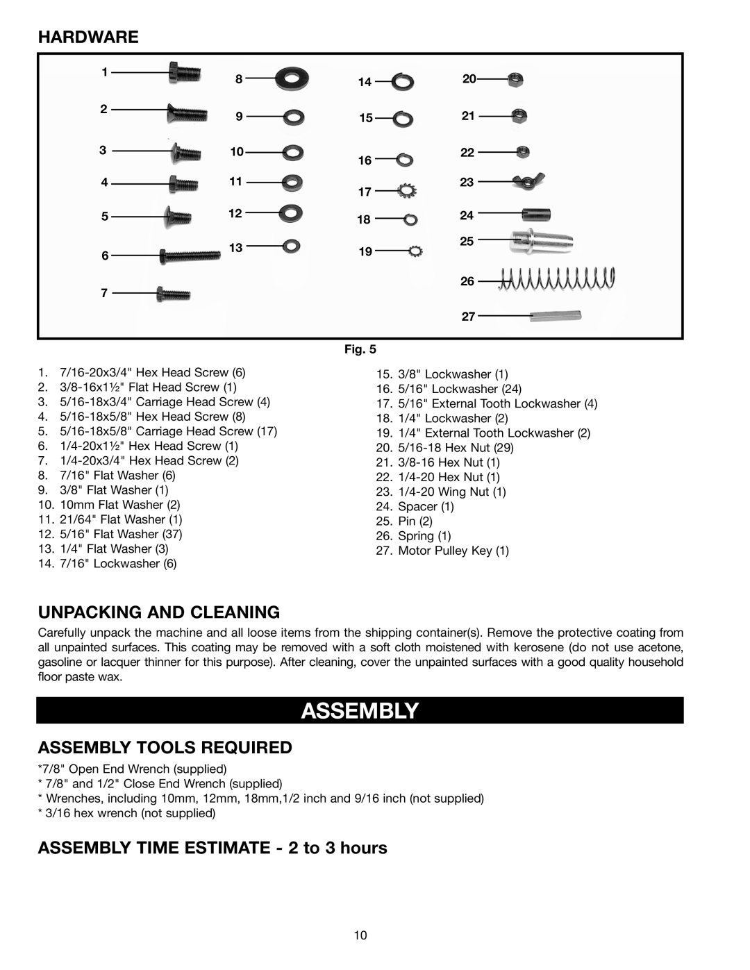 Porter-Cable 36-675, 36-649, 36-678, 36-679 instruction manual Hardware, Unpacking and Cleaning, Assembly Tools Required 