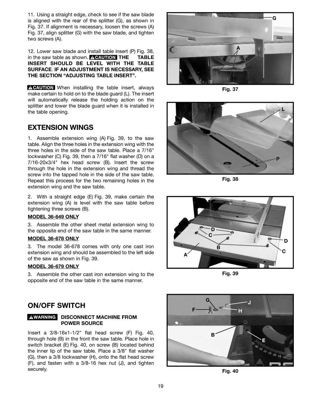 Porter-Cable 36-675 instruction manual ON/OFF Switch, Model 36-649 only, Model 36-678 only, Model 36-679 only 