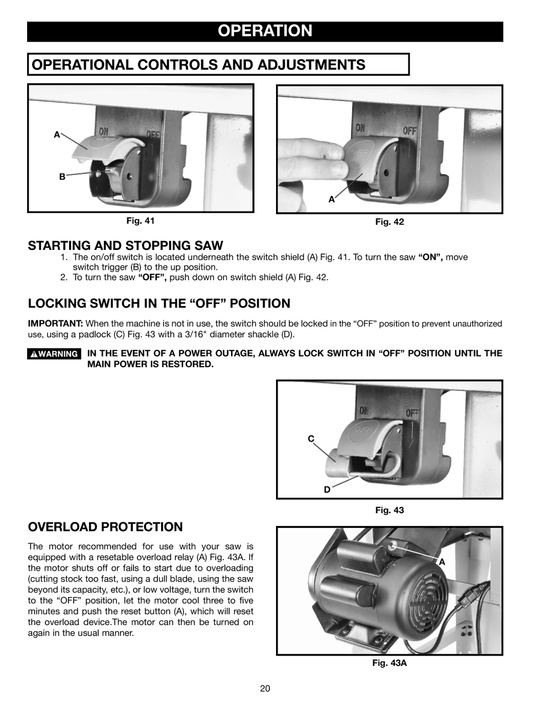 Porter-Cable 36-649, 36-678 Operation, Starting and Stopping SAW, Locking Switch in the OFF Position, Overload Protection 