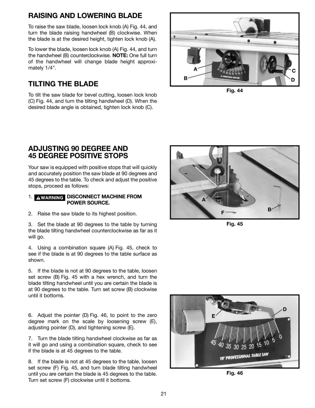 Porter-Cable 36-678, 36-649, 36-675, 36-679 instruction manual Raising and Lowering Blade, Tilting the Blade 