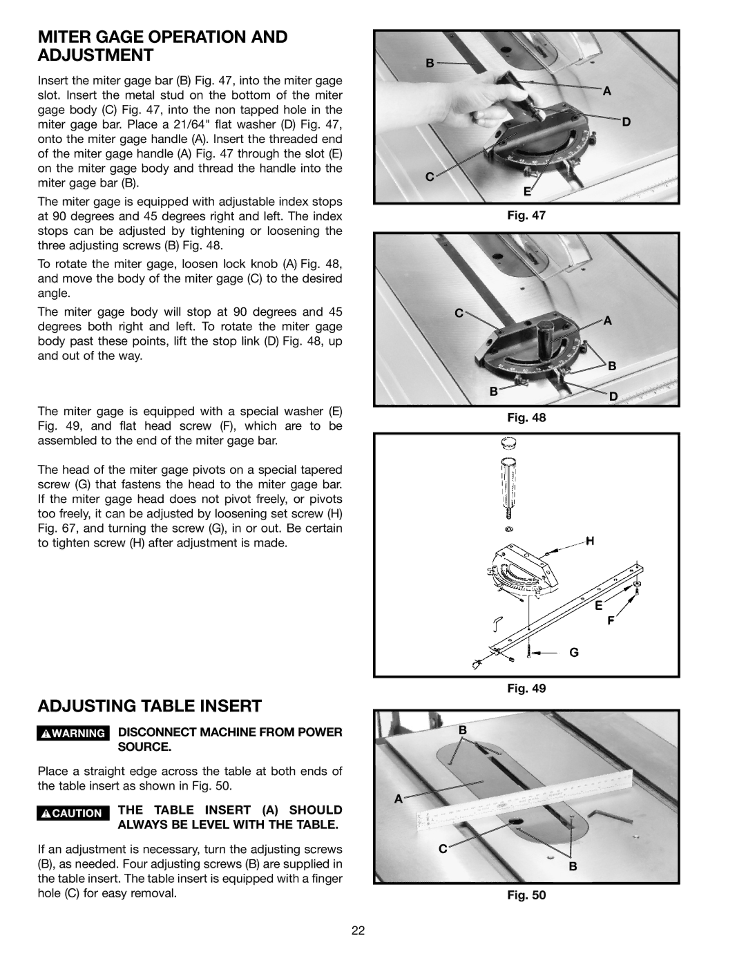 Porter-Cable 36-675, 36-649, 36-678, 36-679 instruction manual Miter Gage Operation and Adjustment, Adjusting Table Insert 