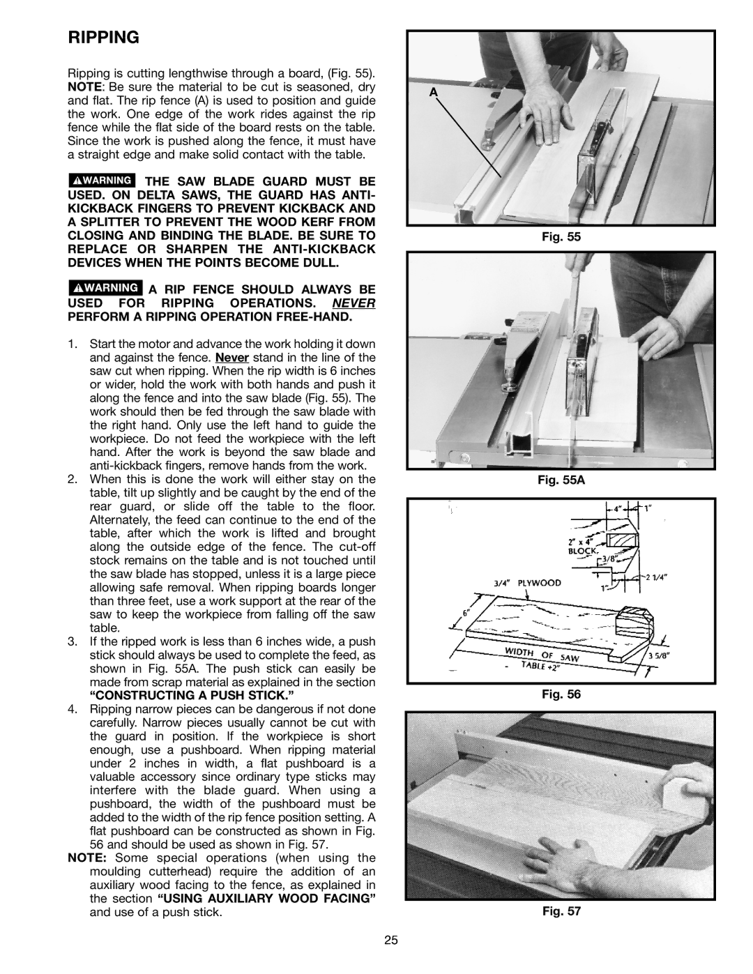 Porter-Cable 36-678, 36-649, 36-675, 36-679 instruction manual Ripping, Constructing a Push Stick 