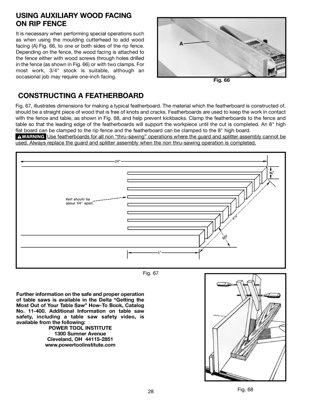 Porter-Cable 36-649, 36-678 Using Auxiliary Wood Facing on RIP Fence, Constructing a Featherboard, Power Tool Institute 