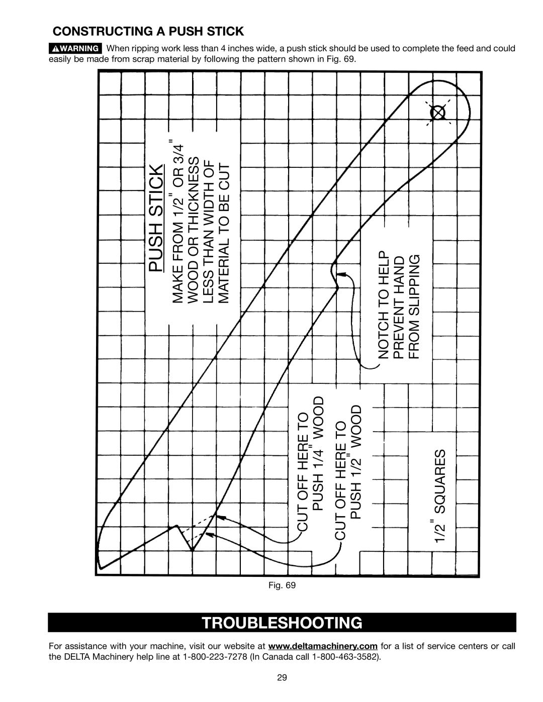 Porter-Cable 36-678, 36-649, 36-675, 36-679 instruction manual Troubleshooting, Constructing a Push Stick 