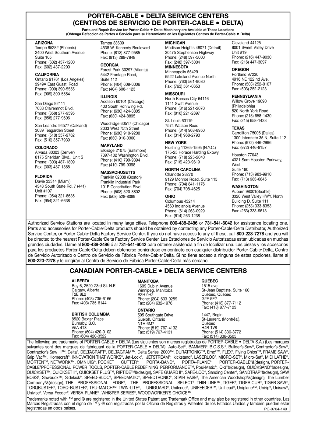 Porter-Cable 36-649, 36-678, 36-675, 36-679 instruction manual Canadian PORTER-CABLE Delta Service Centers 