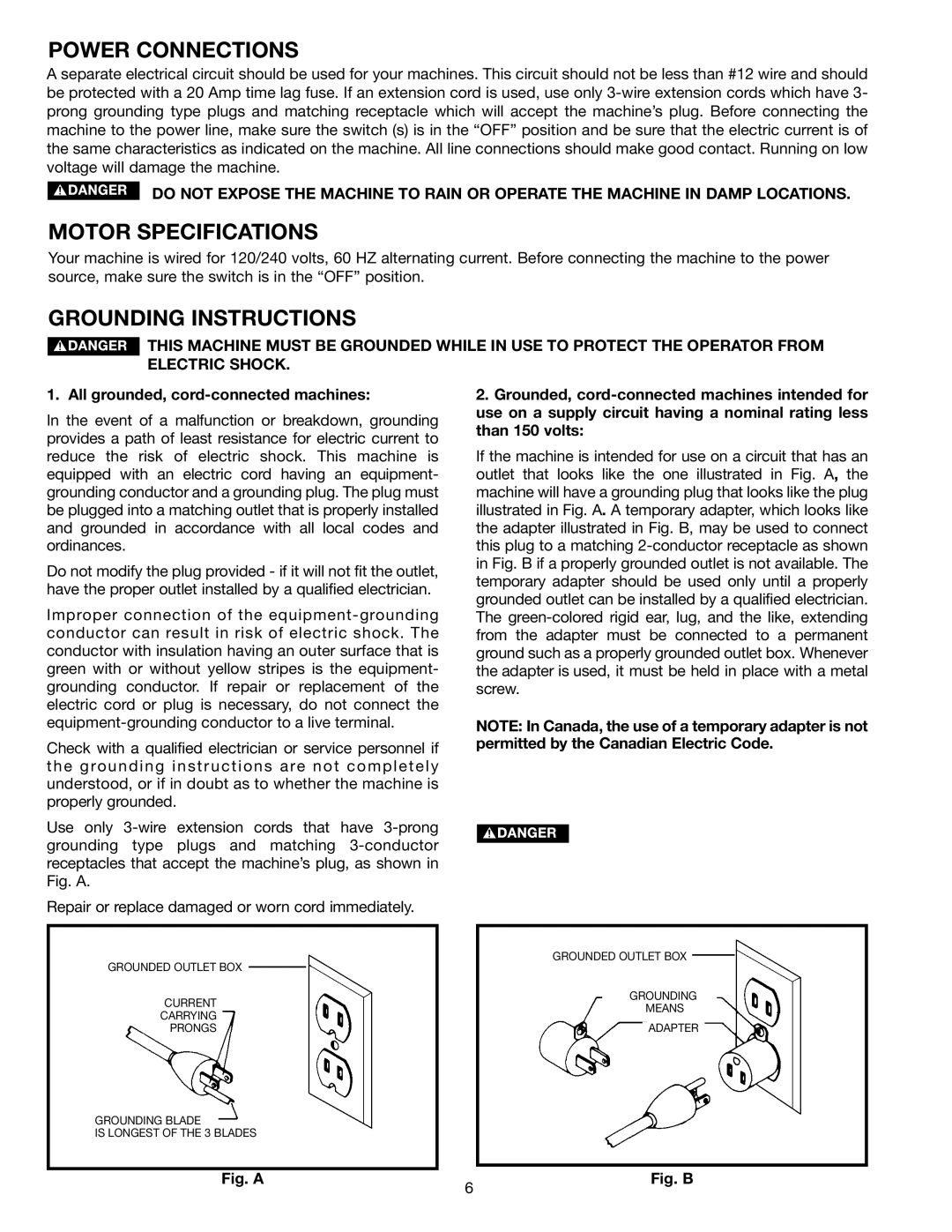 Porter-Cable 36-675, 36-649, 36-678, 36-679 instruction manual Power Connections, Motor Specifications, Grounding Instructions 