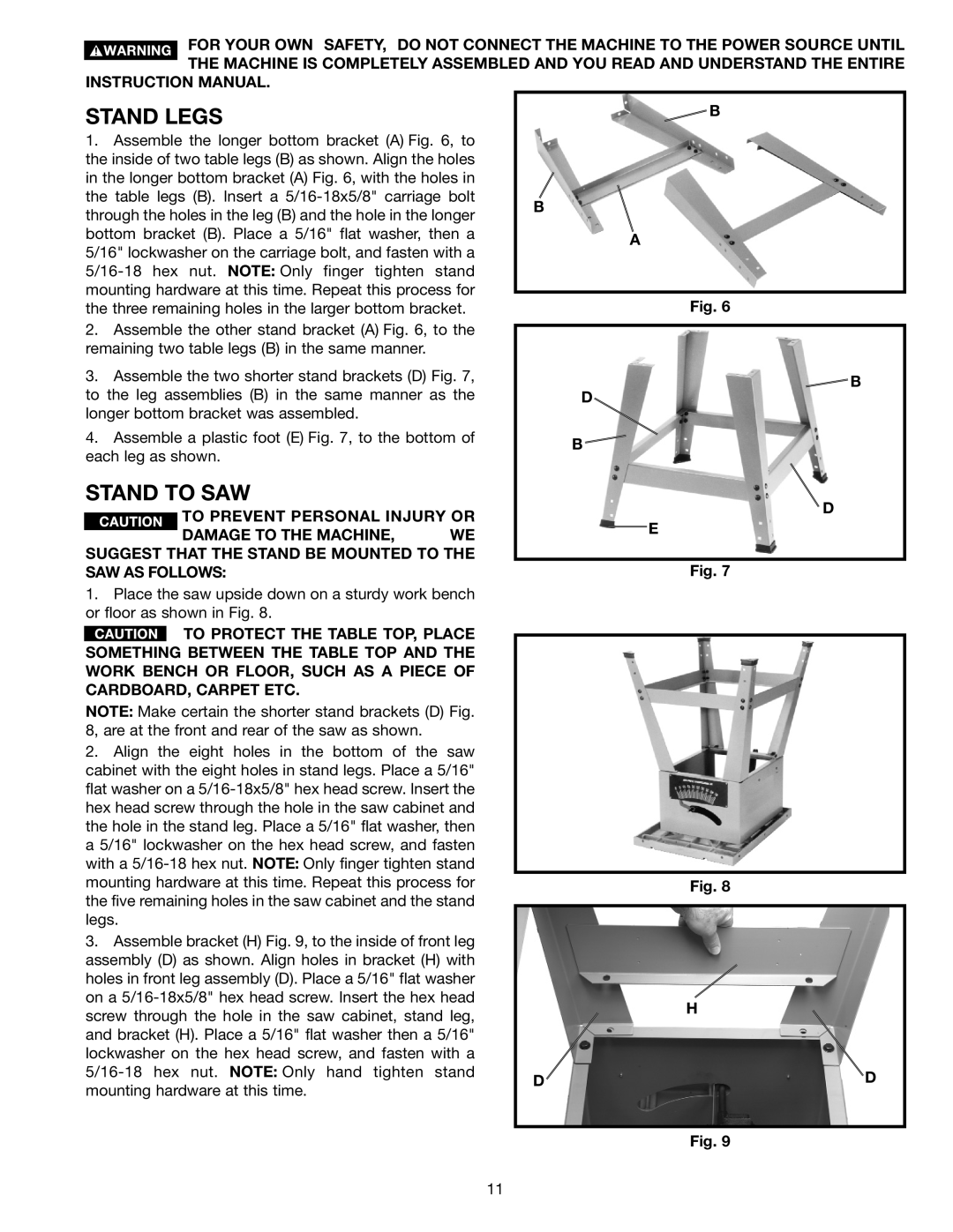 Porter-Cable 36-679 Stand Legs, Stand To Saw, Instruction Manual, To Prevent Personal Injury Or, B B A, B D B D E, H Dd 