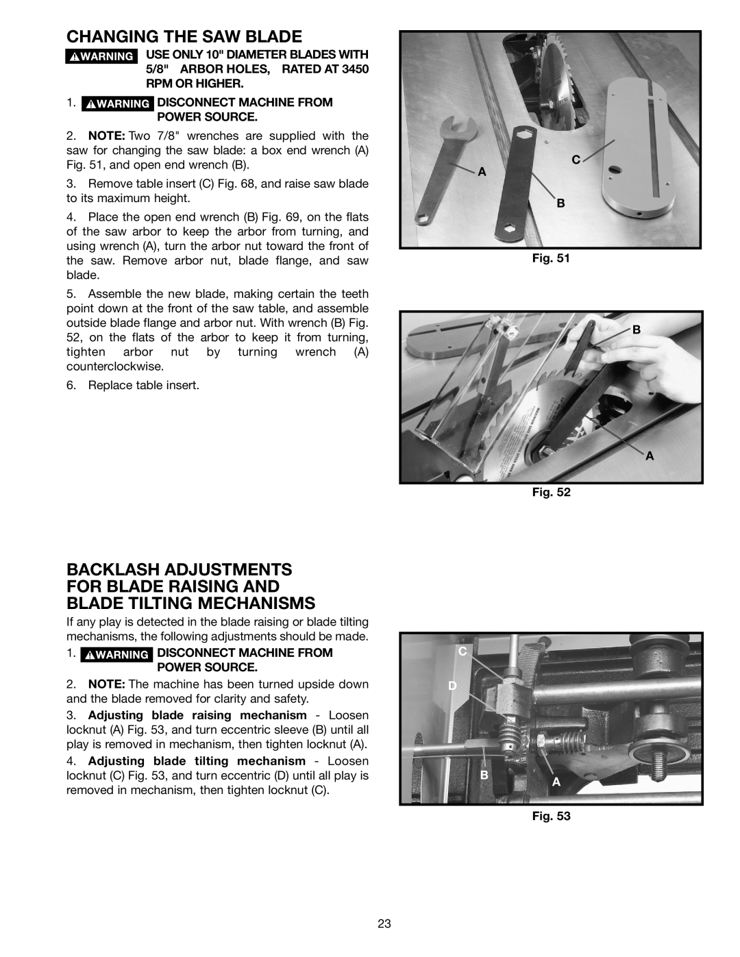 Porter-Cable 36-679 Changing The Saw Blade, Backlash Adjustments For Blade Raising And Blade Tilting Mechanisms, C D B A 