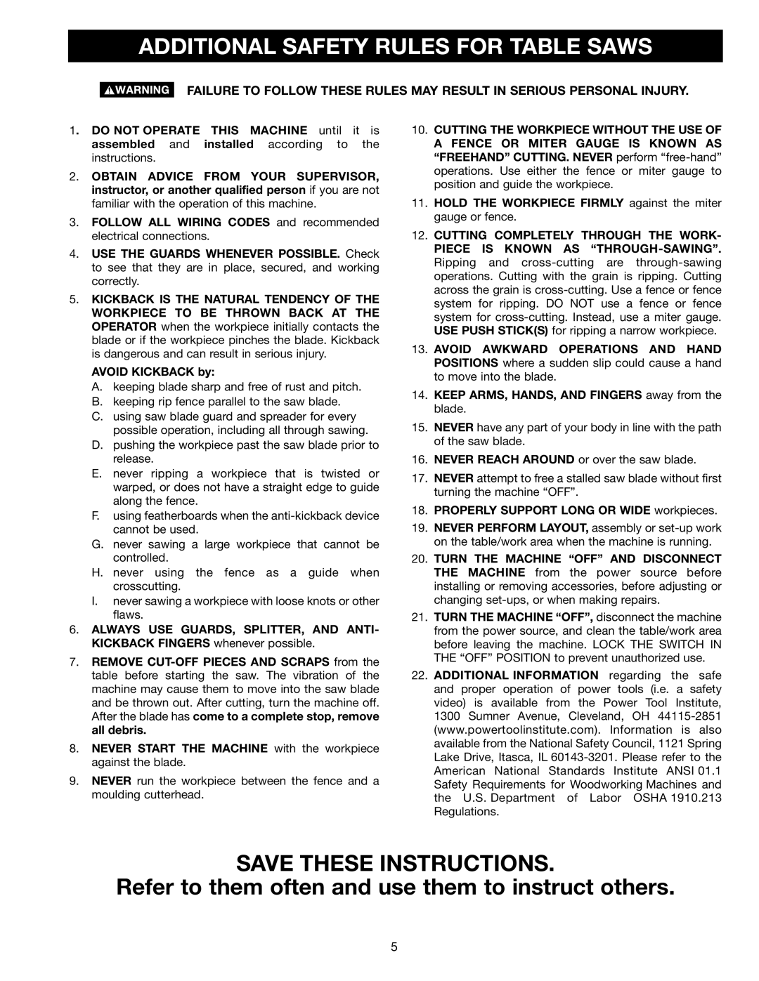 Porter-Cable 36-678, 36-649, 36-675 Additional Safety Rules For Table Saws, Save These Instructions, AVOID KICKBACK by 