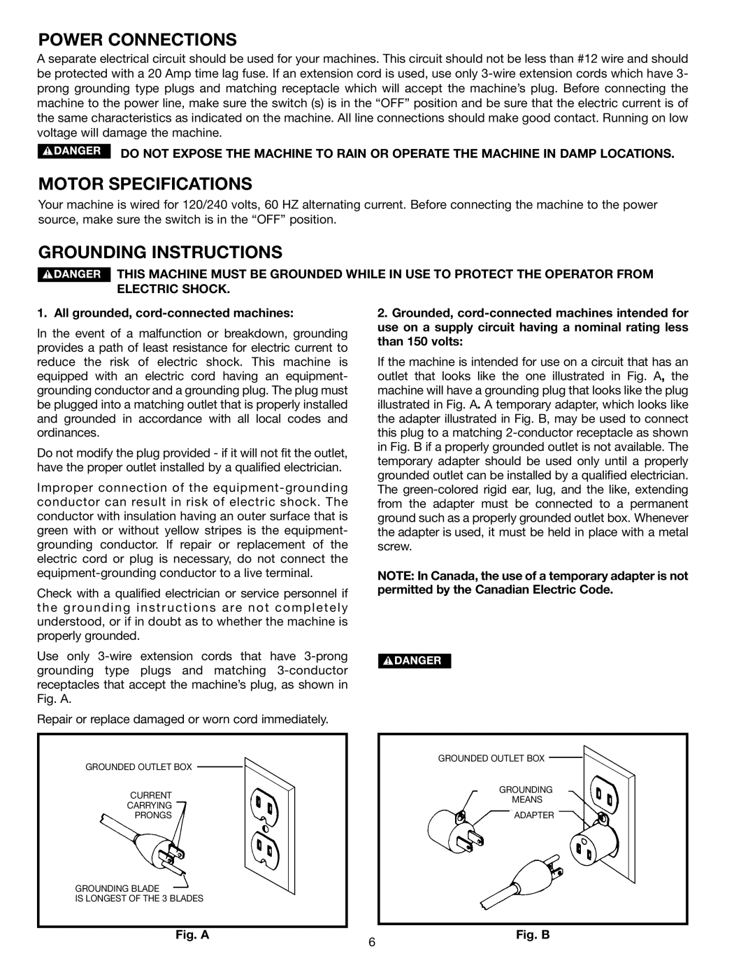 Porter-Cable 36-675 Power Connections, Motor Specifications, Grounding Instructions, All grounded, cord-connected machines 