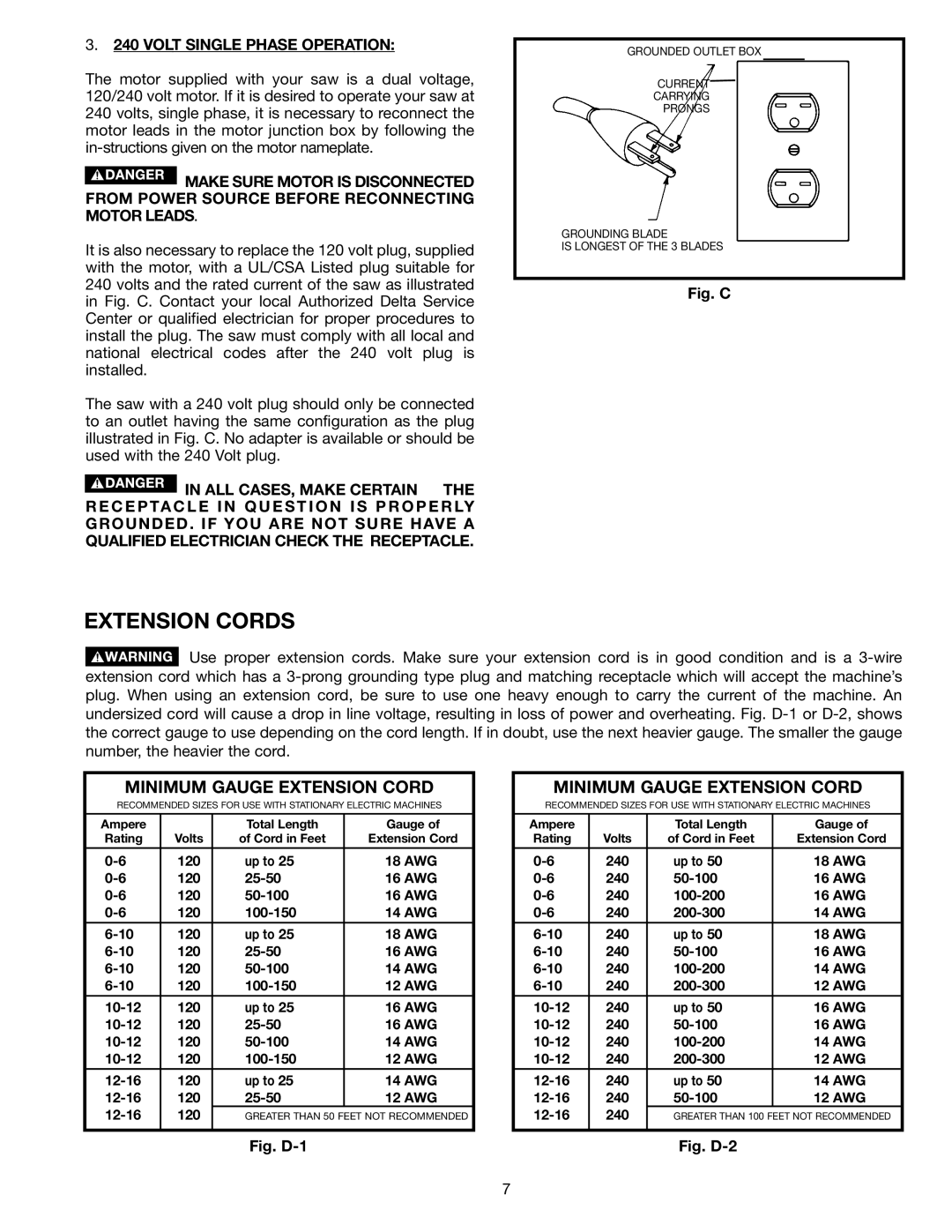 Porter-Cable 36-679 Extension Cords, Minimum Gauge Extension Cord, 3. 240 VOLT SINGLE PHASE OPERATION, Fig. C, Fig. D-1 