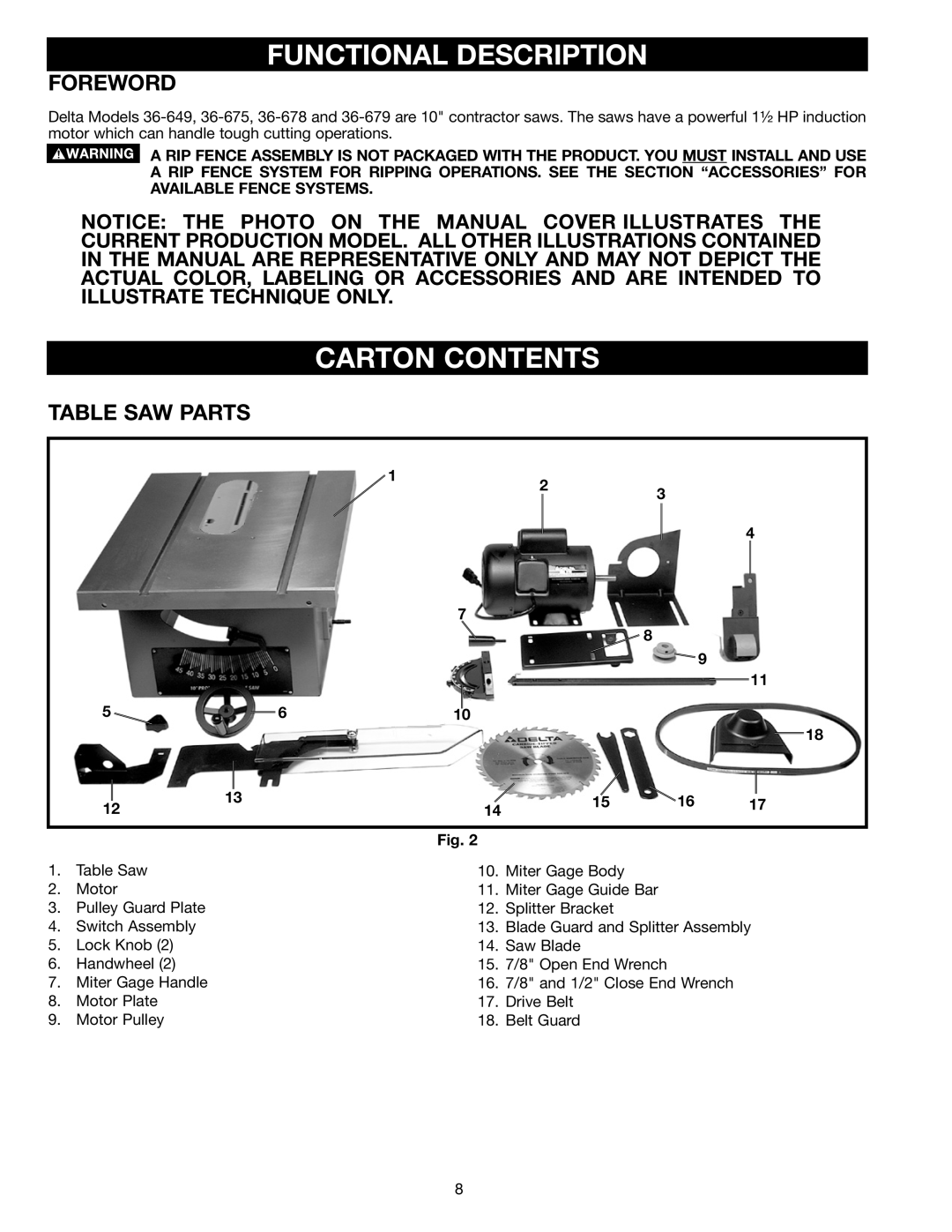 Porter-Cable 36-649, 36-678, 36-675, 36-679 Functional Description, Carton Contents, Foreword, Table Saw Parts 