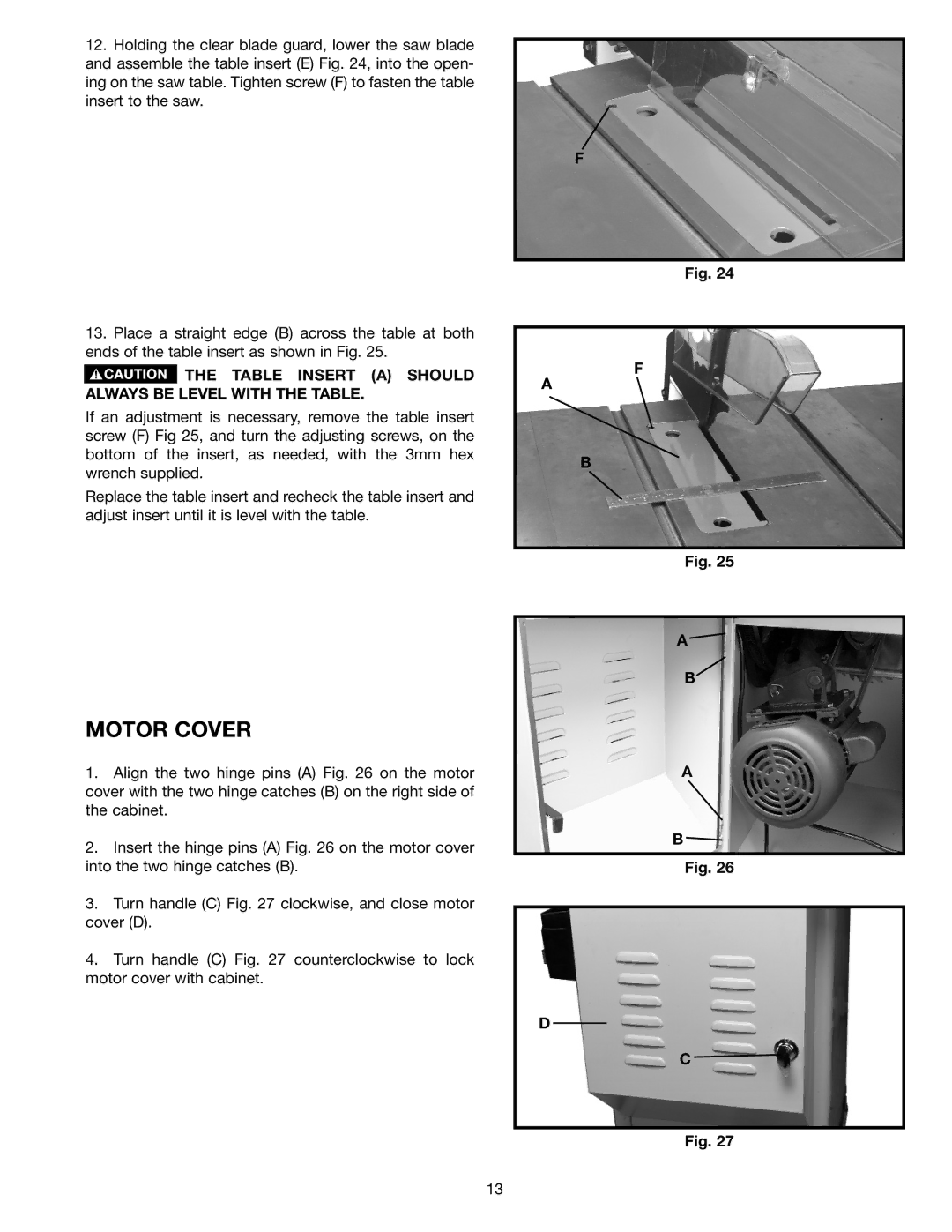 Porter-Cable 36-729 instruction manual Motor Cover, Table Insert a should Always be Level with the Table 