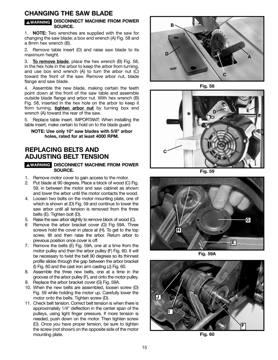 Porter-Cable 36-729 Changing the SAW Blade, Replacing Belts Adjusting Belt Tension, Disconnect Machine from Power Source 