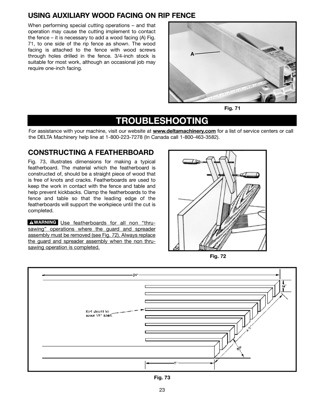 Porter-Cable 36-729 Troubleshooting, Using Auxiliary Wood Facing on RIP Fence, Constructing a Featherboard 