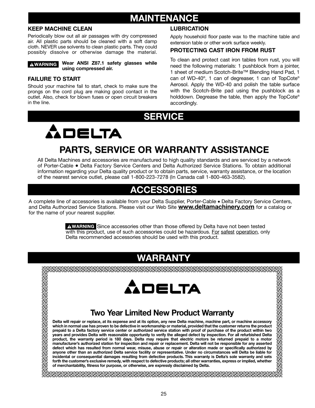 Porter-Cable 36-729 instruction manual Maintenance, Service, Accessories, Warranty 