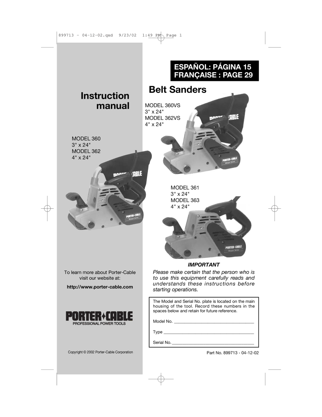 Porter-Cable 360 instruction manual Belt Sanders 