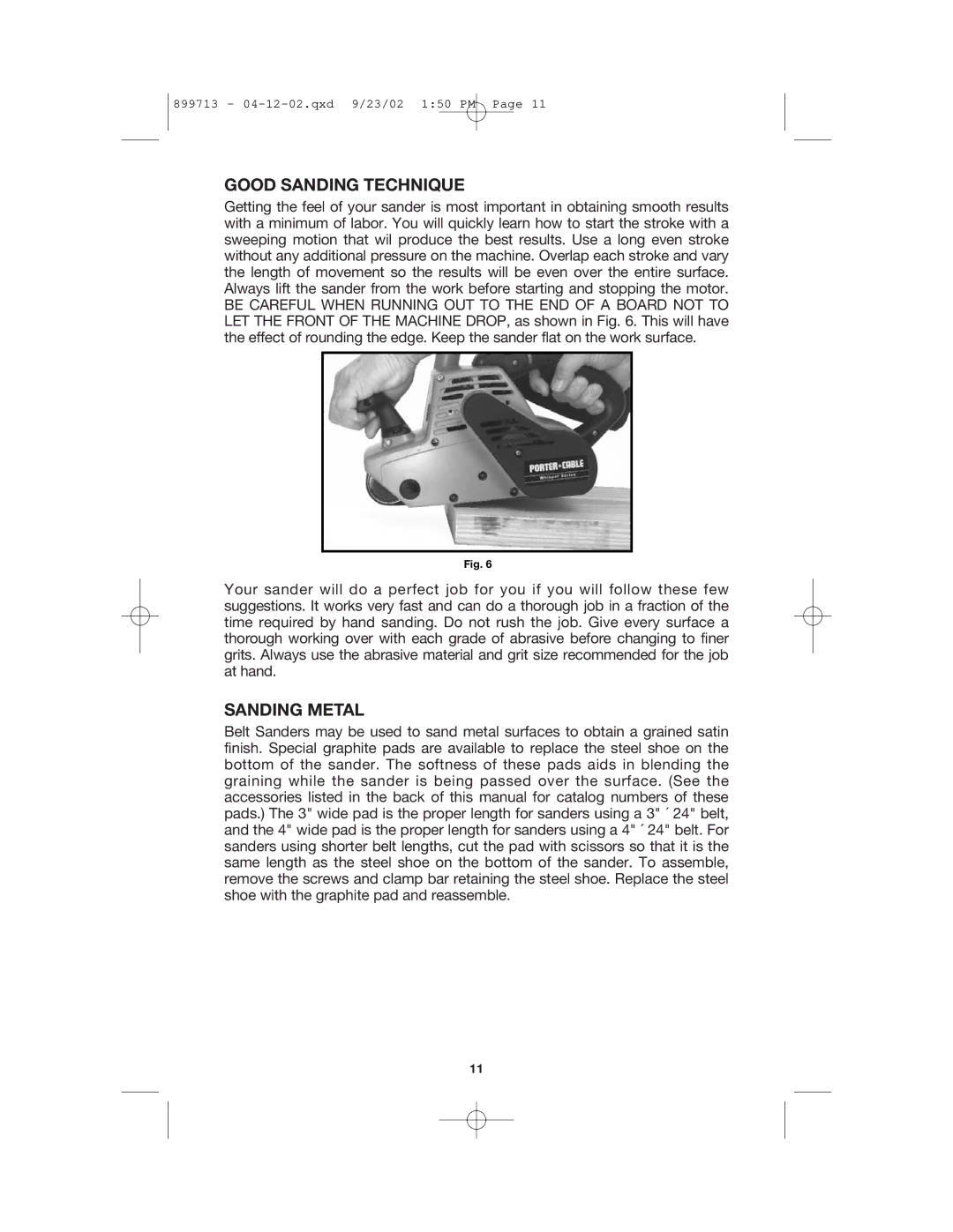 Porter-Cable 360 instruction manual Good Sanding Technique, Sanding Metal 