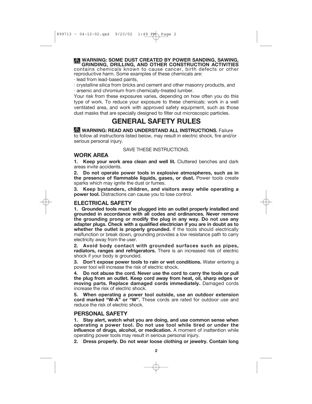 Porter-Cable 360 instruction manual General Safety Rules, Work Area, Electrical Safety, Personal Safety 