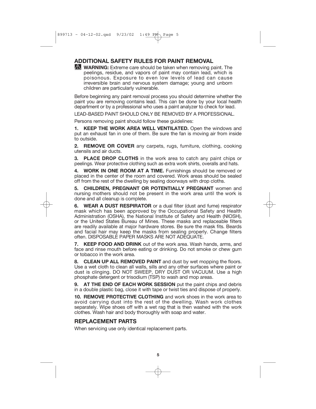 Porter-Cable 360 instruction manual Additional Safety Rules for Paint Removal, Replacement Parts 