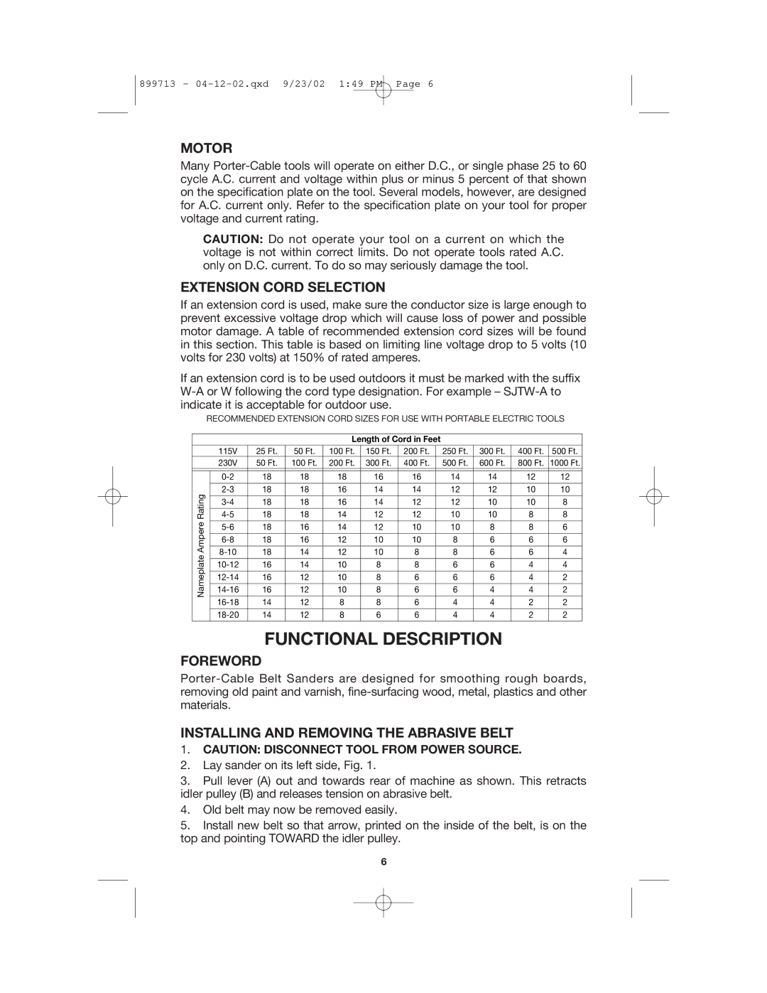 Porter-Cable 360 instruction manual Functional Description, Motor, Extension Cord Selection, Foreword 