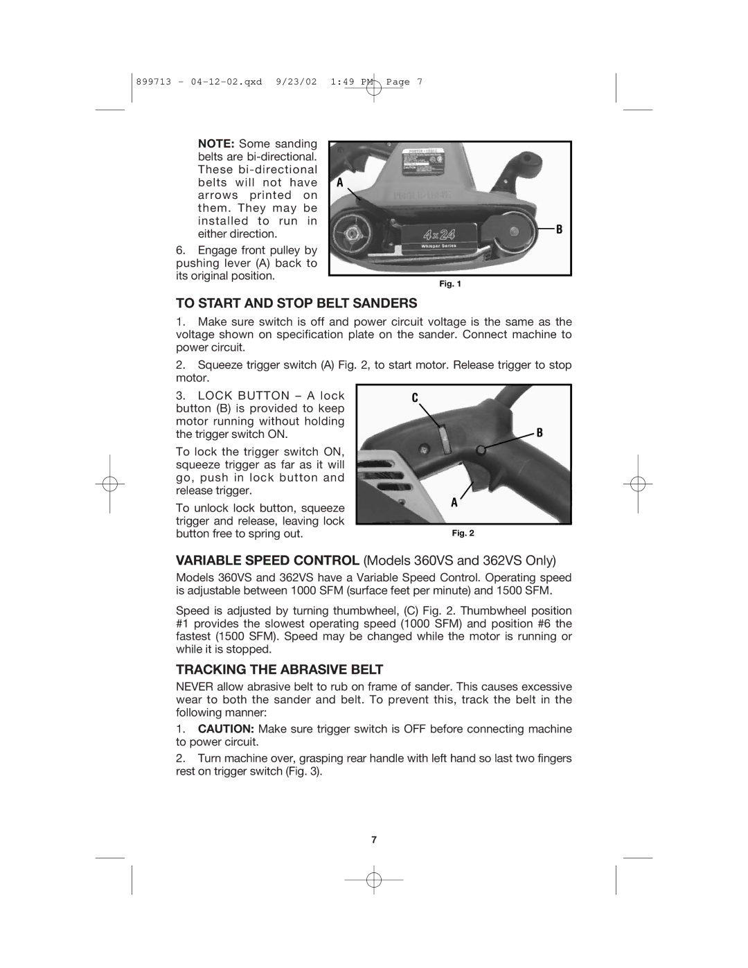 Porter-Cable 360 instruction manual To Start and Stop Belt Sanders, Tracking the Abrasive Belt 