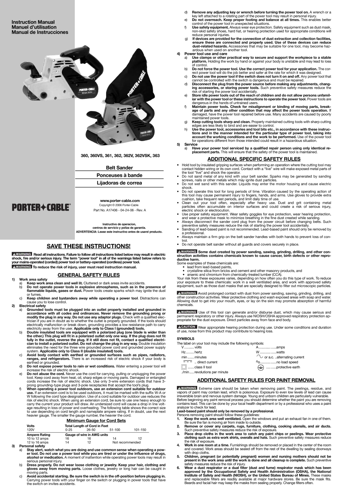 Porter-Cable 362V instruction manual General Safety Rules, Additional Specific Safety Rules, Minimum Gauge for Cord Sets 