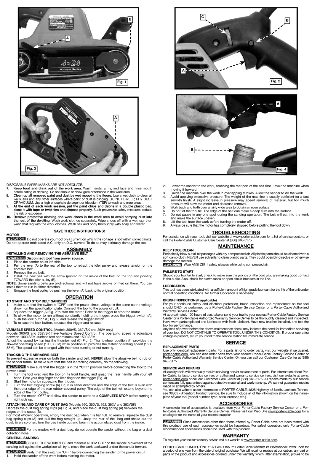 Porter-Cable 362VSK instruction manual Assembly, Operation, Troubleshooting Maintenance, Service, Accessories, Warranty 