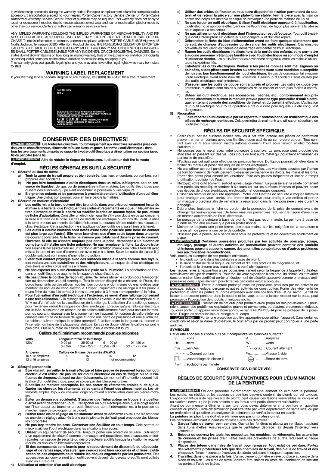 Porter-Cable 362V Conserver CES Directives, Règles Générales SUR LA Sécurité, Règles DE Sécurité Spécifique, Symboles 