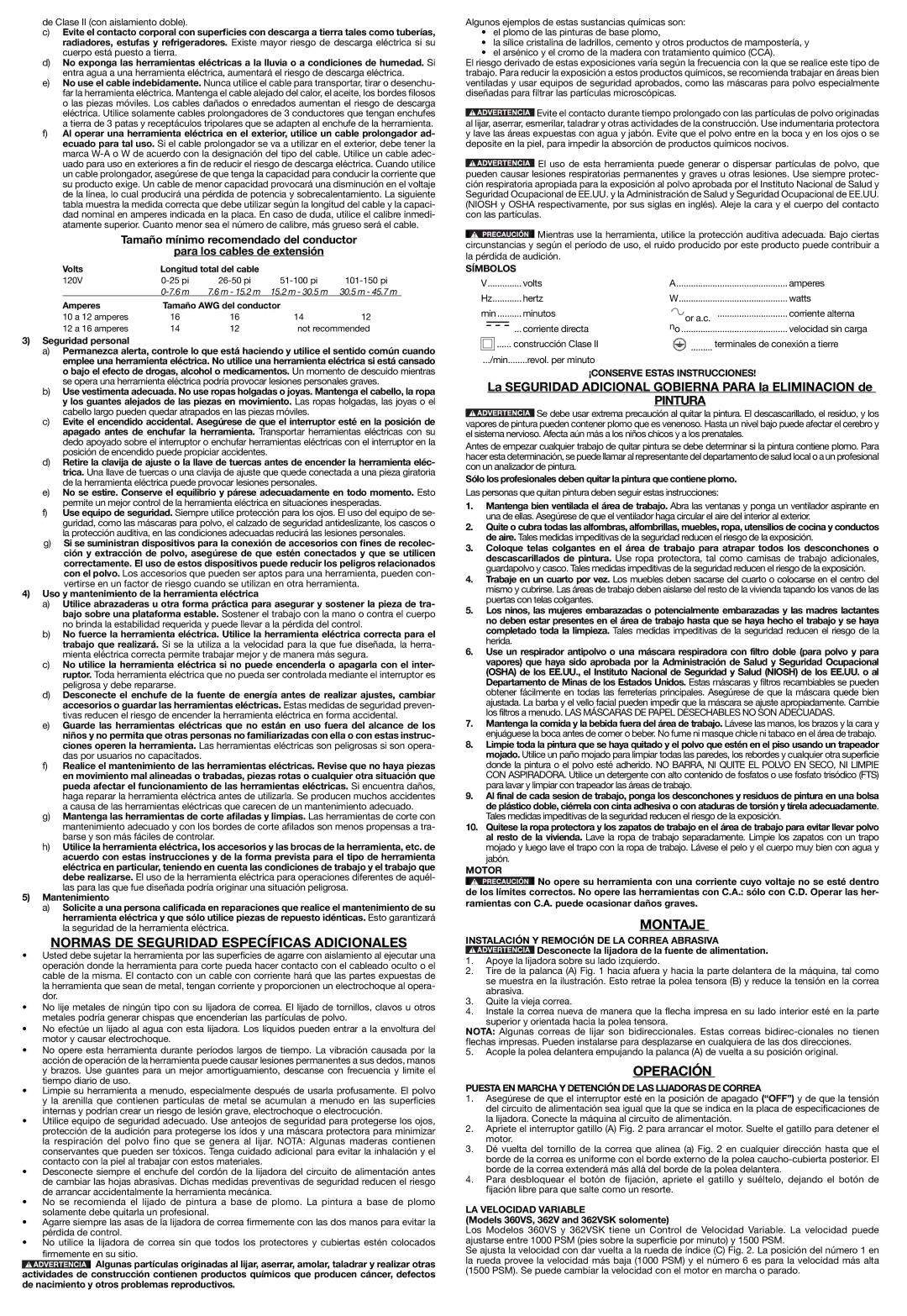 Porter-Cable 362VSK instruction manual Normas DE Seguridad Específicas Adicionales, Montaje, Operación 