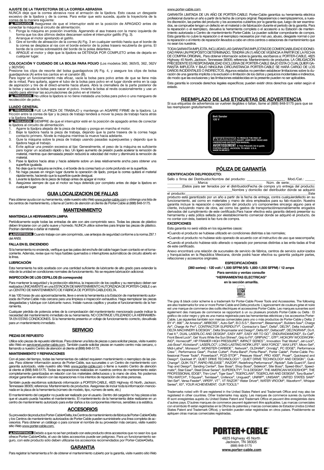 Porter-Cable 362VSK Guia Localizacion DE Fallas Mantenimiento, Servicio, Accesorios, Garantia, Póliza DE Garantía 